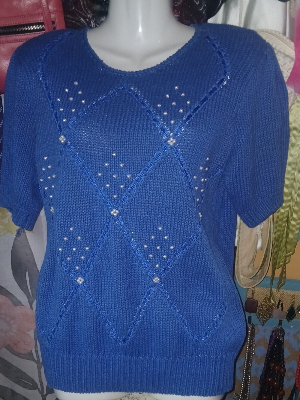 80s Vintage Andrea Gayle Embellished Royal Blue Short-Sleeve Knit Sweater Small